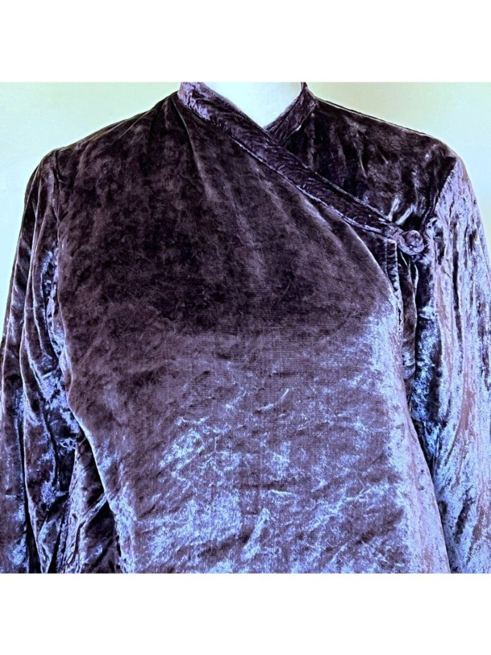 VTG Crushed Velvet Wrap Jacket Sz S Mandarin Collar Asymmetrical Boho Luxe Coat - Picture 4 of 14